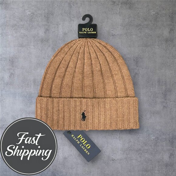 POLO RALPH LAUREN Beanie Hat Brown/Tan Pony Logo Wool Blend NWT - Picture 2 of 4